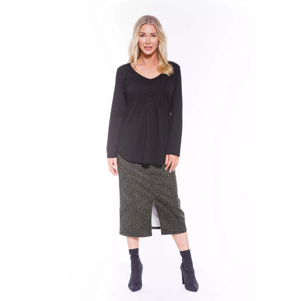 Animal Print Midi Length Jean Skirt - Khaki & Black - Willow and Vine