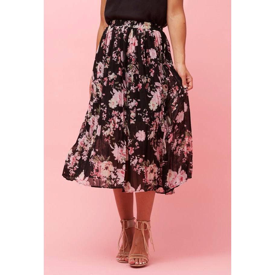 Floral Print Midi Skirt Black - Willow and Vine