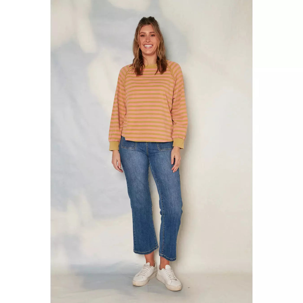 Long Sleeve Raglan Top - Golden Green/Melon Stripe - Willow and Vine