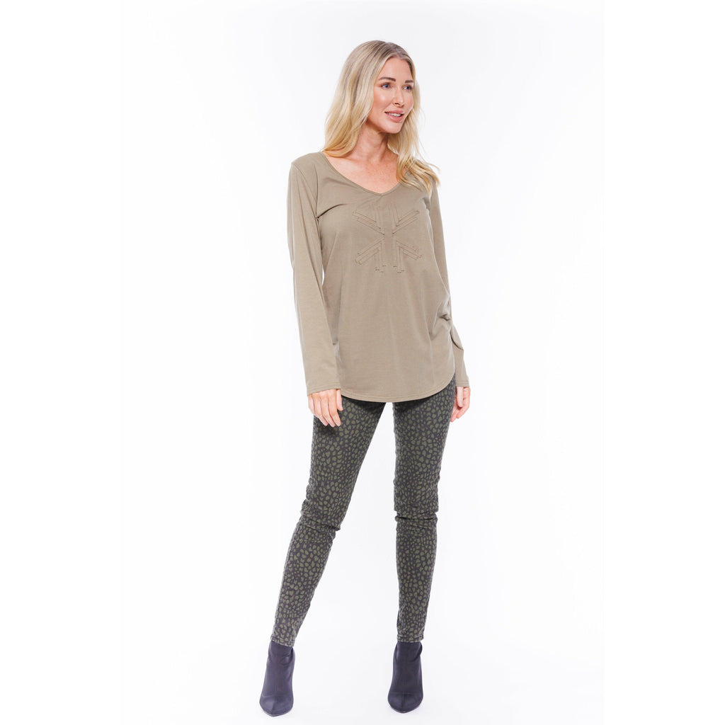 Long Sleeve V-Neck Applique Tee - Khaki - Willow and Vine